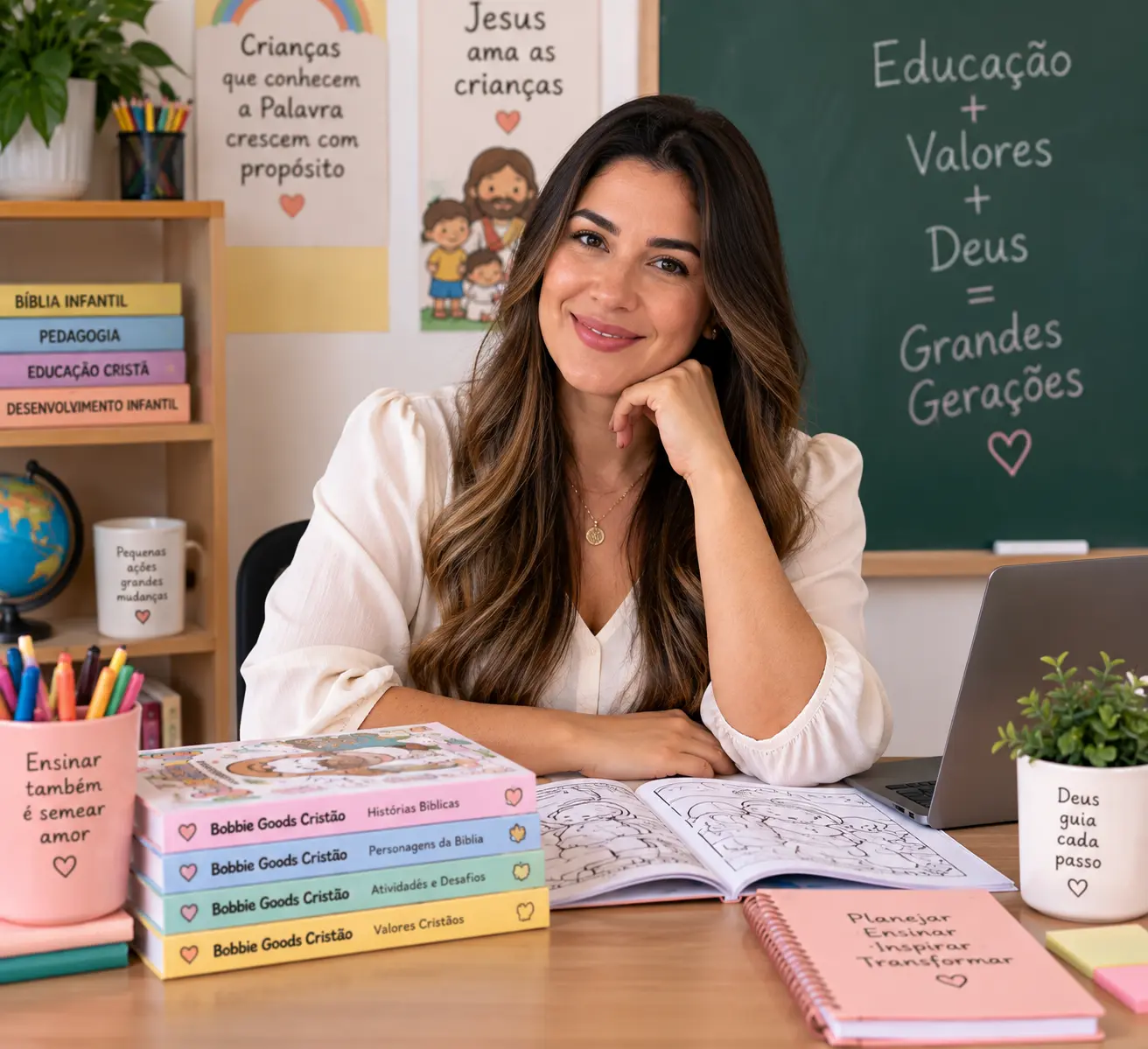 Brenda Moreira em uma sala de aula com materiais cristãos infantis